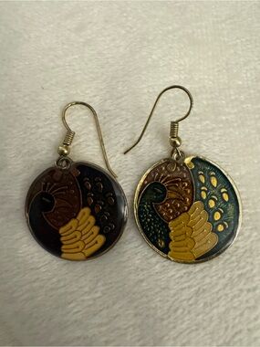 Gold and Green Peacock Enamel Drop Earrings - Women Jewelry